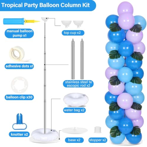 Image of 2 Sets Blue Purple Balloon Column Stand Kit with 99 Blue Purple Foil Balloons 10 Palm Leaf 5.57ft Adjustable Balloon Tower Stand with Bases Adjustable Arch Column for Tropical Birthday Party Decor