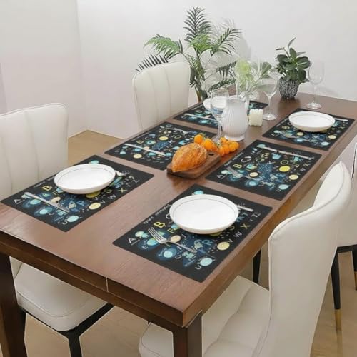 Image of Dining Cloth Table Mats Set of 6 - Alphabet Kids Theme,Digital Print, Washable, Indoor /Outdoor, Heat-Proof, Water Resistant, Wipe & Clean (47X33 cm) Black