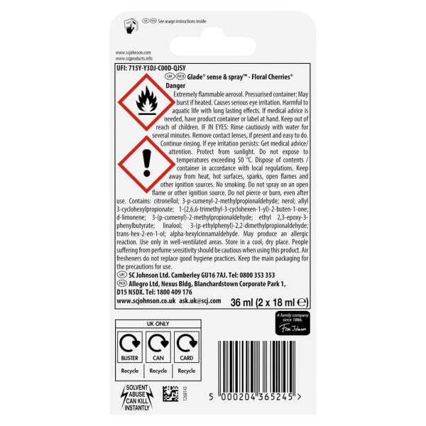 Glade Sense & Spray Air Freshener Refill, Motion Activated Automatic Room Spray and Odour Eliminator for Home, Floral Cherries, Duo Pack (2 x 18ml), Packaging May Vary