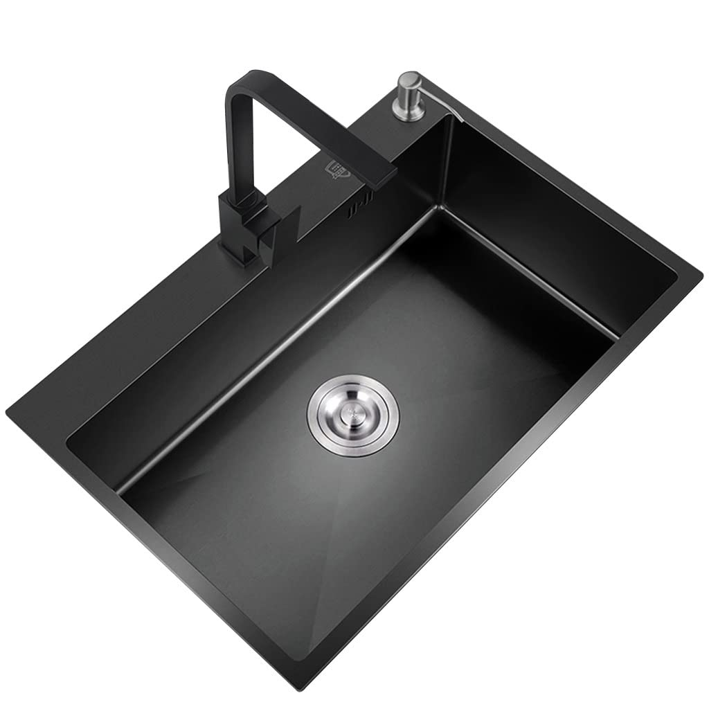 LMYSXAOZ Sinks Black 304 Stainless Steel Kitchen Built-in Bar Hot And Cold Water Faucet Drain Rack (Color : Black, Size 75x45cm)