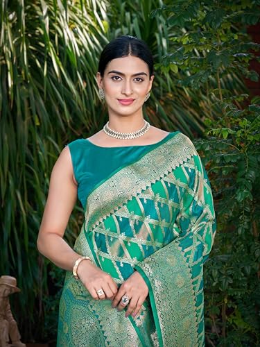 Image of MANOHARI Women's Trendy Banarasi Satin Silk Woven Saree with Heavy Jacquard Work, Elegant Design with Matching Lace Border Unstitched Blouse Piece for Weddings & Festive Occasions
