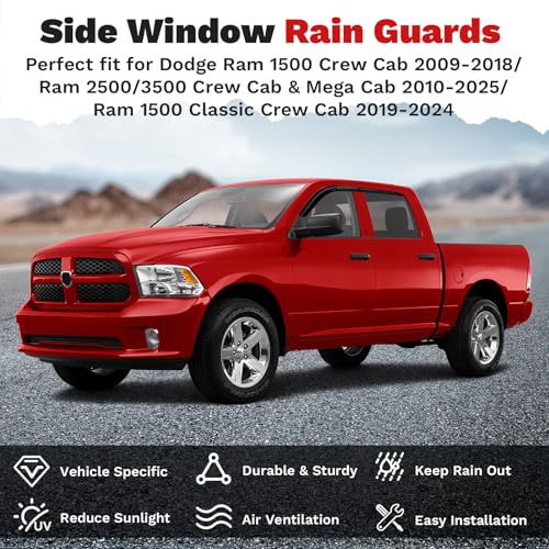 Image of Canvcle Window Visors Rain Guards for Dodge Ram 1500 Crew Cab 2009-2018 /Ram 2500&3500 Crew Cab & Mega Cab 2010-2026 /Ram 1500 Classic Crew Cab 2019-2024, Tape-On Side Window Deflectors Vent Visors 4PCS
