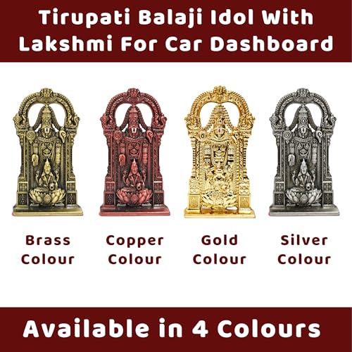 Image of anciently Tirupati Balaji Idol with Lakshmi for Car Dashboard | Venkateswara Idol with Lakshmi for Car Dashboard, Metal, 1 Piece (Brass Colour)