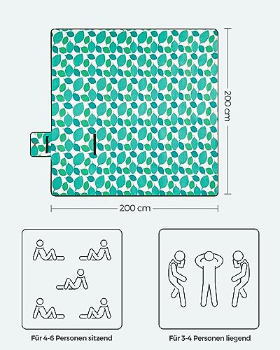SONGMICS Picknickdecke, 200 x 200 cm, groß, Campingdecke, für Park, Garten, Strand, wasserdicht, maschinenwaschbar, faltbar, türkise Blätter GCM78Y-3