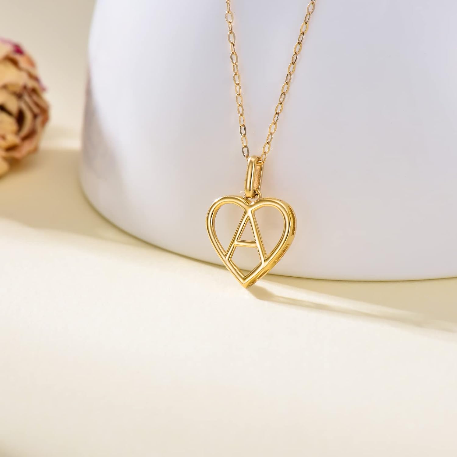 14K Solid Gold Heart Initial Necklaces for Women, Real Gold Heart Pendant Letter A Alphabet Necklace Jewelry Gift for Her, 18" Gold Adjustable Chain