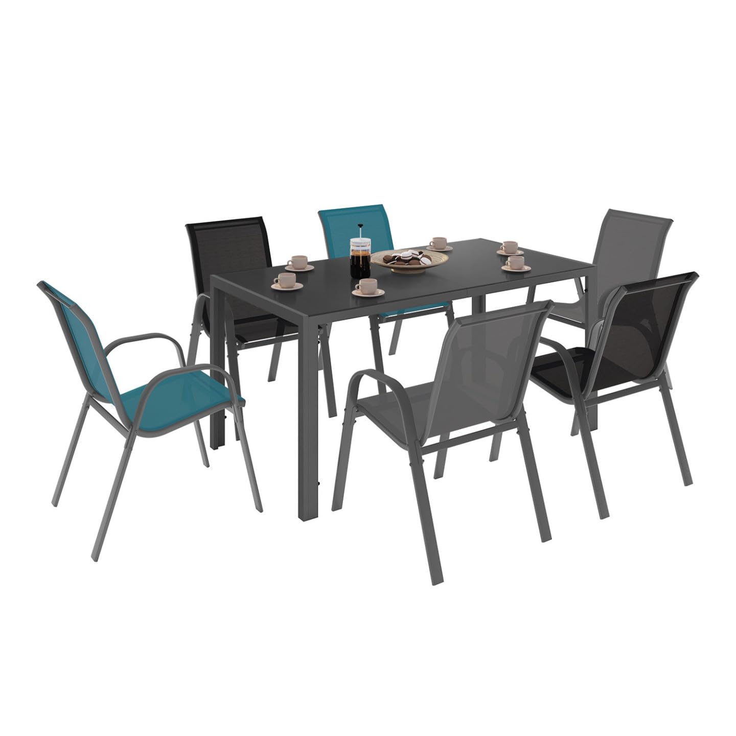 IDMarket - Salon de Jardin Madrid Table 150 CM et 6 chaises empilables Mix Color Gris, Noir et Bleu