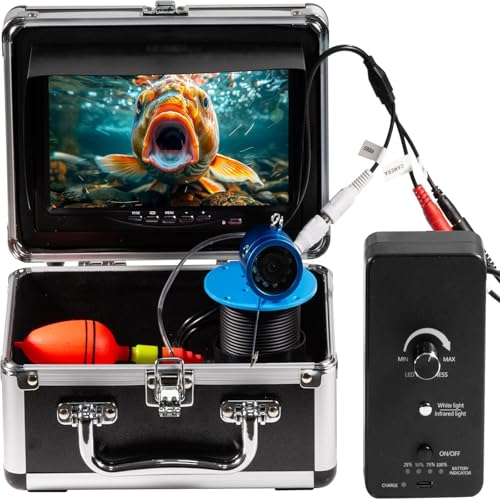 1200TVL HD Underwater Ice Fishing Camera with 7inch Monitor,98ft Cable,10000mAh Fish Finder with 24pcs LED Lights,12pcs Infrared Night Vison,12pcs White Lights,Aluminium Case for Lake,Fish Boat