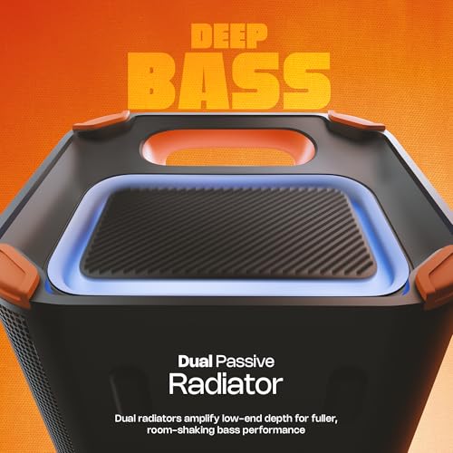 Image of Zebronics Party Speaker, 150W, AURACAST Technology, Upto 5 Hours Playtime, 4 Drivers, BT v5.4, Wireless Mic, Mic & Guitar in, RGB, Mobile Holder, Splash Proof, AUX, USB, App Support (Prima Pro)