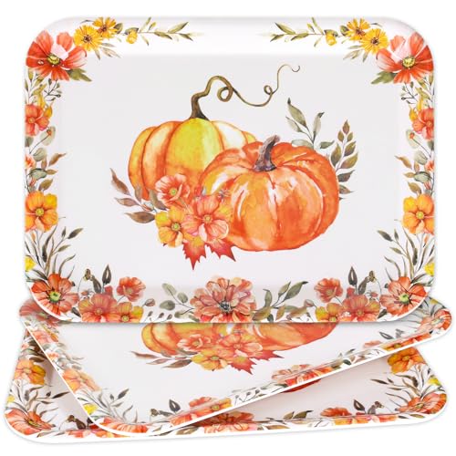 JarThenaAMCS 3Pcs Fall Serving Trays Reusable Watercolor Pumpkin Flower Melamine Platter Vintage Autumn Serving Dishes for Thanksgiving Sharing Snacks Fruit Dessert Candy