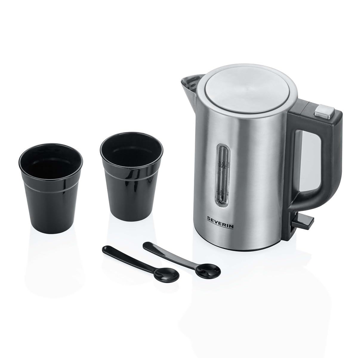 SEVERIN - Hervidor de agua de viaje, 0.5 L, 1.100 W, tensión conmutable 115/​230 voltios, 2 tazas de plástico y 2 cucharas, Acero Inoxidable Cepillado, Negro WK 3647
