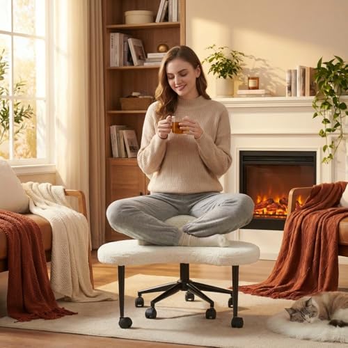 Image of Pinmoco White Teddy Cross Leg Chair - Plush Cozy Meditation Chair, Home Office Desk Seat with Wheels, Modern Scandinavian Style, Comfortable & Soft for Adults