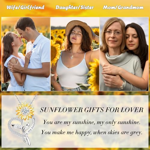 You Are My Sunshine Necklace, Sterling Silver Sunflower Necklaces for Women Anniversary Present for Wife as Sunflower Jewelry Birthday Gifts, Moissanite Heart Pendant for Her3