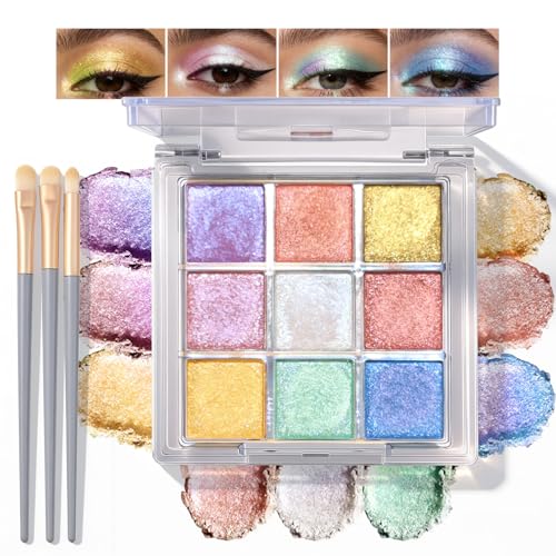 9 tonos sombra de ojos camaleón, paleta brillante con pinceles, iluminador multicolor y sombras metálicas muy pigmentadas. Perfecto para maquillaje en fiestas, carnavales y festivales,SET B