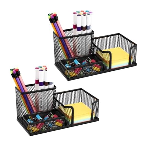 Byjoph 2-Piece Desk Pen & Pencil Organizer - Mesh Metal Pen Cup with Sticky Notes Holder, Black Cover