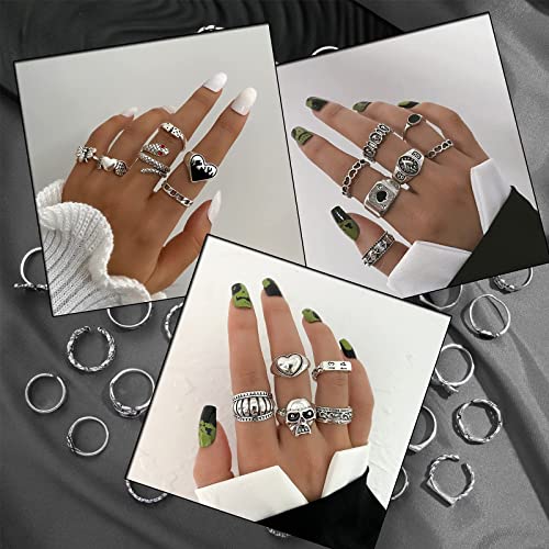 Image of IFKM Vintage Silver Knuckle Rings Set for Women, Stackable Joint Finger Statement Rings Bohemian Retro Hollow Carved Midi Rings, Boho Halloween Skeleton Skull Snake Heart Chunky Stacking Rings Pack