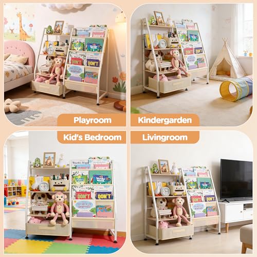 Vsonker Kids Bookshelf and Toy Storage-Book Shelf for Kids Rooms，Toddler Bookshelf Baby Bookcase with 4 Sling Shelves & Fabric Toy Chest Toy Organizer for Playrooms, Bedrooms, Nursery