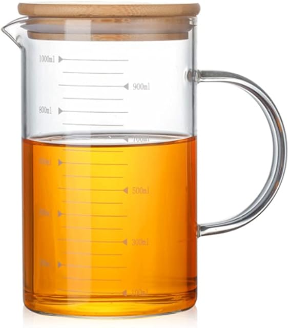 Glass Measuring Cup Jugs with Lid Borosilicate Graduated Glass Mug with Handle Pour Spout Clear Scale Mixing Beaker Microwave Cooking Baking Measuring Tool Measure Wine Milk Tea Coffee Cook 1L
