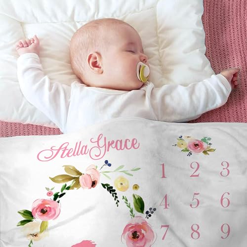 Image of OLIVE OLIVIA Personalized Gifts for Baby with Customized Name, Monthly Milestone Blanket Girl Boy, Growth Chart Blanket, Perfect Custom Pentagram Frame,60''x80''