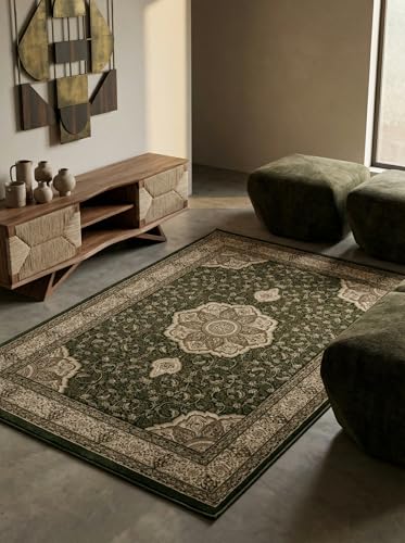 Tapis de salon géométrique vert pour réchauffer une grande chambre