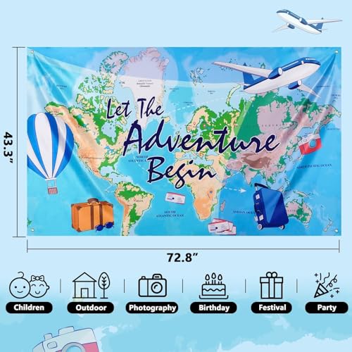 WERNNSAI Bon Voyage Party Backdrop - 73'' X 43'' Travel Themed Birthday Party Decorations Adventure Awaits Around The World Photo Background Adventure Time Banner Classroom Graduation Going Away Decor by WERNNSAI - Used condition - Image 3