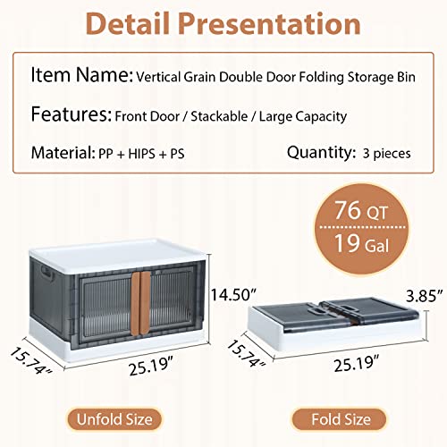 Immerrot 3 Pack 19 Gal Storage Bins With Lids - Collapsible Toy Storage Bins, 76 Quart Stackable Clear Black Wardrobe Closet Organizer, Foldable Plastic Container With Door, Crate For Book Storage #TOP1