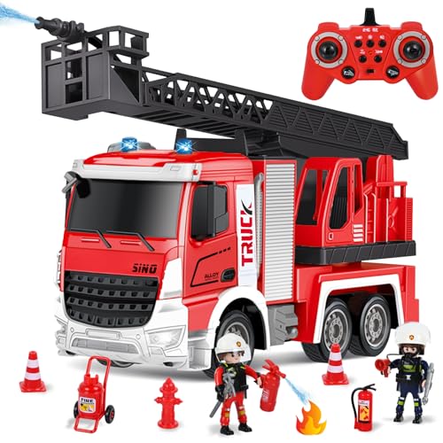 PATEMZON Camião bombeiros brinquedo, camião de bombeiros teledirecionado com Funzione Spruzzo, 60 cm escada, MLúzes e som, acessórios para bombeiros, presentes de brinquedo para meninos e meninas 3+