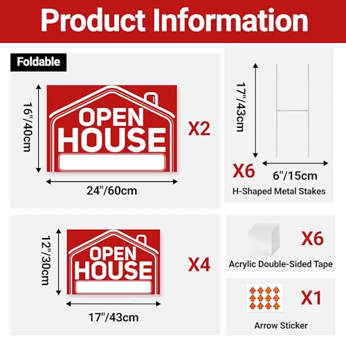 6 Pcs Open House Signs for Real Estate, 2 Pcs 24" x 16" and 4 Pcs 17" x 12" Open House Signs with Sturdy Metal Stakes and Arrow Stickers, Double-Sided Waterproof Yard Signs for Open House Supplies - Image 3