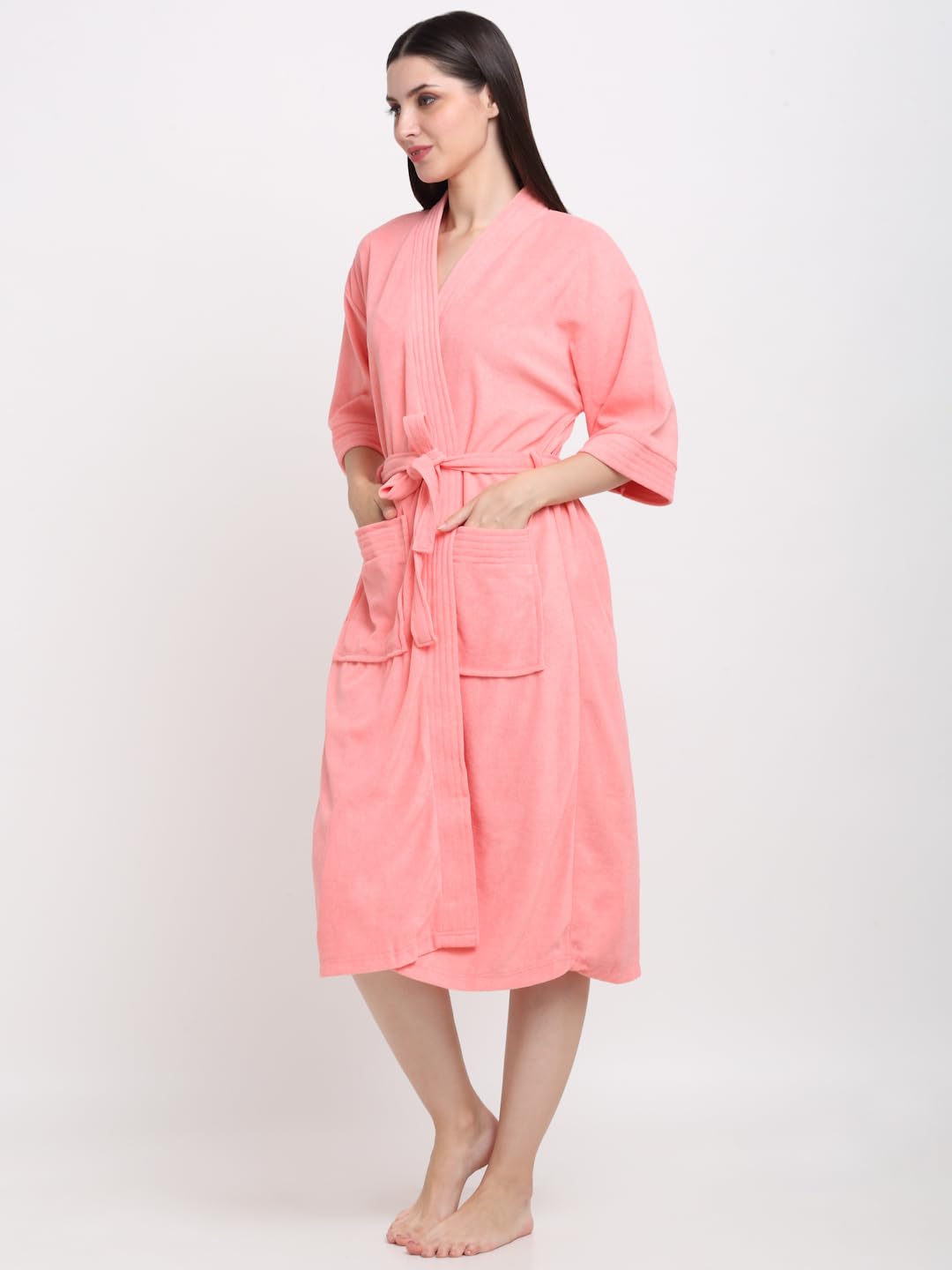 CREEVA Everyday Unisex Micro Terry Bathrobe Collection With kimono collar and 2 Pocket, 3/4 Sleeve Bath Robe Super Soft Light Weight - Peachy Pink - Image 2 thumbnail