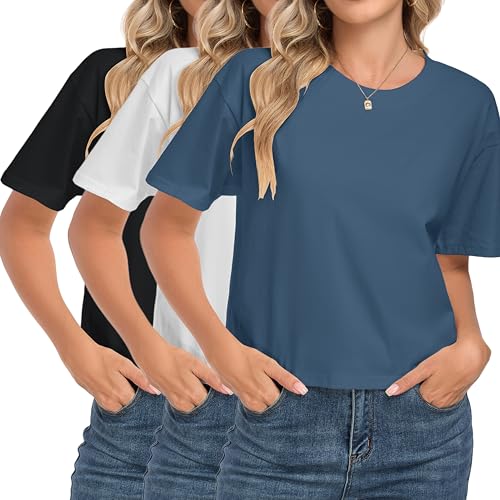 HOTIAN 100% Cotton T Shirts for Women Oversized Workout Cropped Tops Short Sleeve Crew Neck Casual Loose Tees