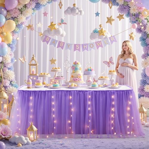 14FT Tulle Table Skirt for Rectangle Tables 2-Layer Ruffle Tulle Tutu Cloth Desk Table Skirt with LED Lights for Birthday Party Baby Shower Wedding Banquet Cake Dessert Decorations by Shillance - Image 2