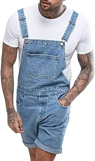 Mens Denim Shorts Bib Overall Jean Romper Casual Loose Fit Walkshort Button Pockets Summer Jumpersuit