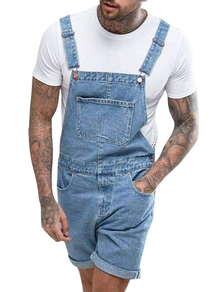 Runcati Mens Denim Shorts Bib Overall Jean Romper Casual Loose Fit Walkshort Button Pockets Summer Jumpersuit
