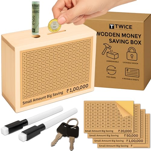 Image of Unbreakable, Lockable Wooden Money Saving Box for Adults - 1 Lakh Capacity | Reusable Piggy Bank | Money Bank with Amount 100000 | 1 Yr Warranty