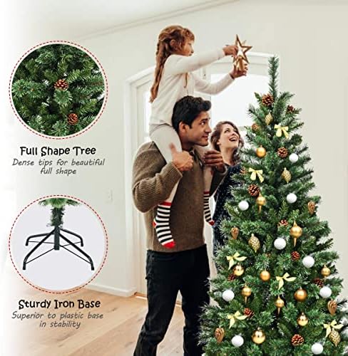 GYMAX 6FT/7FT Green Christmas Tree, Artificial Tree with Branch Tips, Metal Stand, Pine Needles and Cones, Fire Retardant PVC Xmas Decoration for Indoor & Outdoor (7FT)
