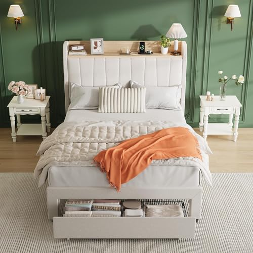Garvee Velvet Twin Size Bed Frame with Headboard and Charging Station, Upholstered Twin Platform Bedframe with Storage Drawer, No Box Spring Needed, Easy Assembly - Beige by Garvee - Used condition - Image 3