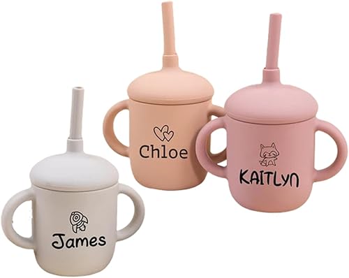 Taza de bebé personalizada con nombre grabado, taza de bebé de silicona personalizada con tapa y asa, taza de entrenamiento de 5 onzas para bebé,