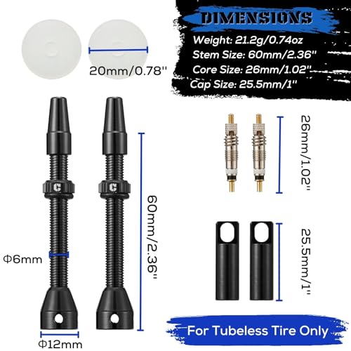 Image of Corki Cycles Tubeless Presta Valve Stem 40 44 55 60 80 100mm with 2PCS Valve Core and 2PCS Remover Tool (Black Red Gold Rainbow)