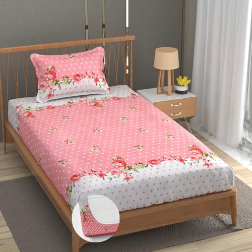 Image of Premium Heavy Cotton Elastic Fitted Bedsheets with 1 King Size Pillow Covers | Single Bed with All Around Elastic 350 TC | 36 x 78 x 6 Inch Single Size Fitted | - Pink Dot