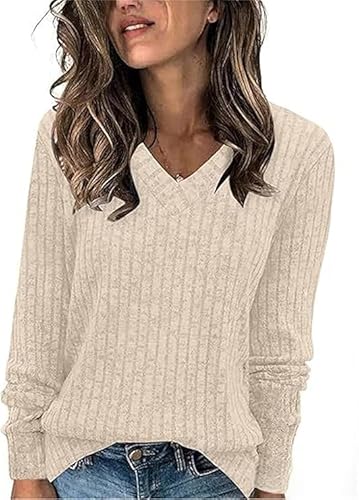 Long Sleeve Tunic Sweaters for Women Casual Crewneck Shirt Lightweight Pullover Top Fashion Loose Fit Fall Outfits (Beige,X-Large)