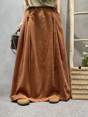 ebossy Womens Vintage Corduroy Long Skirt Elastic High Waist Tie Up A-Line Flared Pleated Maxi Skirt with Pockets2