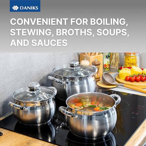 Image of Daniks Classic Stainless Steel Kitchen Induction Pot Cookware Set | 6-Piece | Dishwasher Safe Pots with Lid | 2 Quart + 3 Quart + 4 Quart | Measuring Scale | Silver