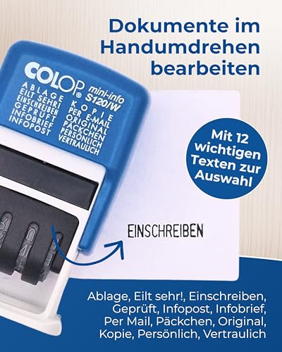 COLOP Wortbandstempel S120/W - enthält 12 unterschiedlicheTexte in einem Stempel, 6,80 x 2,60 x 4,60 cm