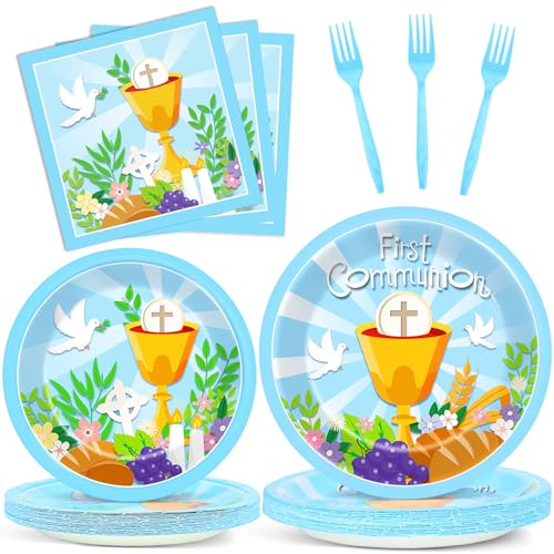 Image of Qyeahkj 100 Pcs Baptism Plates and Napkins, First Holy Communion Party Blue Paper Disposable Tableware Decorations for Boys God Bless Decor for Christening Celebration Party Baby Shower, Serves 25