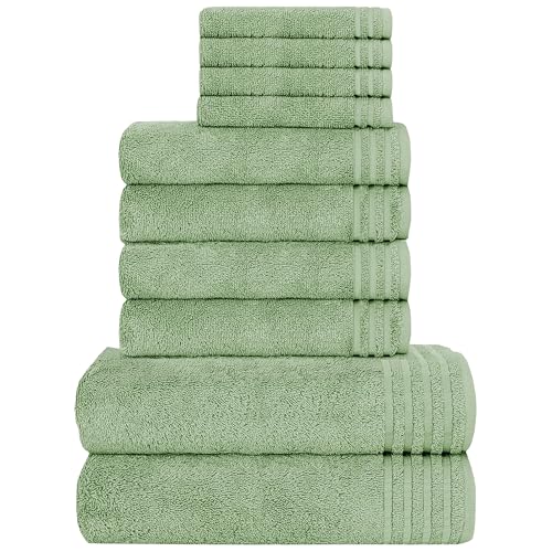 Olivia Rocco Monaco 10 Piece Bathroom Towels Bale Set - Premium Quality Water Absorbent Towel, 4 Face 4 Hand 2 Bath Towel, 500 GSM Washable Towels Set, Sage Green
