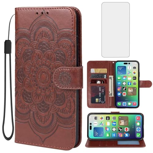 Coque iPhone 14 Pro Max avec protège-écran verre trempé et étui portefeuille en cuir