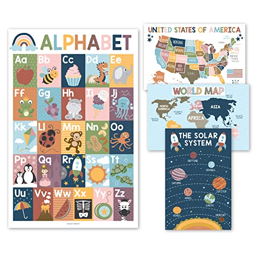 4 Boho Pre K Learning Posters For Toddlers 1-3 – ABC Poster For Toddlers Wall, Solar System Poster For Kids Maps, Preschool Classroom Map Of The World Poster, Kindergarten Homeschool Supplies