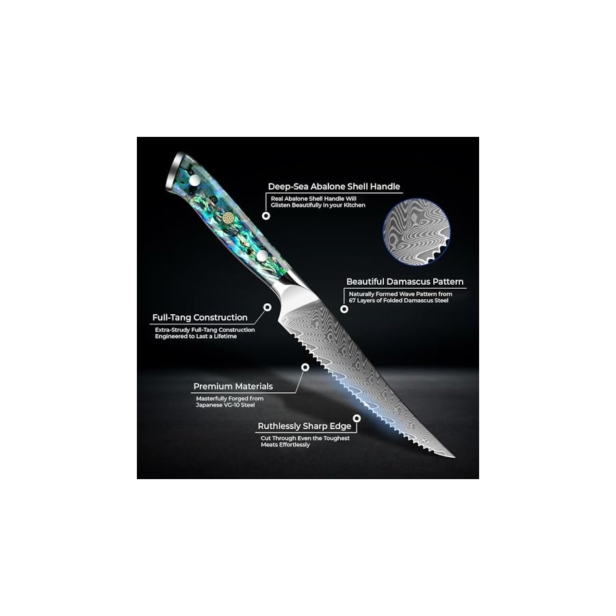 SENKEN-6-Piece-Damascus-Steak-Knife-Set-Real-Abalone-Shell-Handle-Umi-Collection-Japanese-Steak-Knives-Japanese-VG10-Steel-67-Layer-Damascus-6 SENKEN 6-Piece Damascus Steak Knife Set, Real Abalone Shell Handle, "Umi" Collection Japanese Steak Knives, Japanese VG10 Steel 67-Layer Damascus (6)