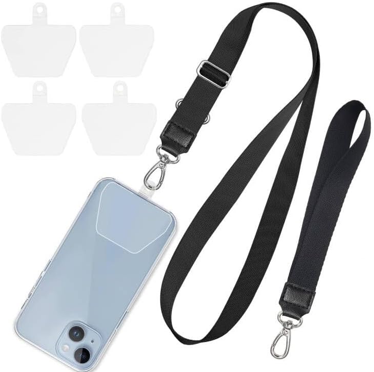 SHANSHUIPhone Lanyard, Adjustable Around Neck Lanyard & Wrist Strap Tether Keychain Holder With 4 Sticky Pads Compatible for iPhone, Samsung Galaxy and All Smartphones in Full Cover Case Black