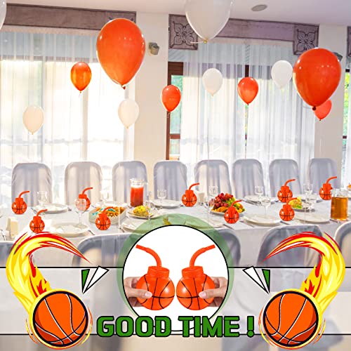 Amyhill 12 Set Basketball Cups Bulk With Straws And Lids 10 Oz Plastic Reusable Basketball Ball Shape Cups Set Basketball Party Favors For Kids Birthday Sports Basketball Theme Party Supplies #TOP4