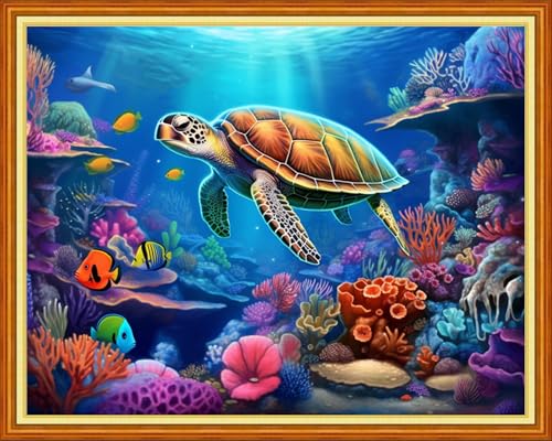 Image of Findvoor Stamped Cross Stitch Kits for Beginner Embroidery Kits for Beginners Adults DIY 11CT Cross Stitch Patterns Needlepoint Kits Crossstitching Kits-Underwater sea Turtle 16x20 inch